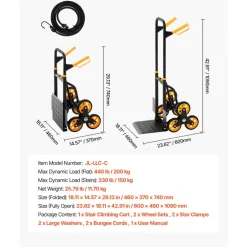 VEVOR Stair Climbing Cart, 330 lbs Stair-Climbing Capacity, Heavy-Duty Folding Trolley Cart with Telescoping Handle, 6 Wheels and 2 Bungee Cords, Stair Climber Dolly for Home, Groceries, Warehouse