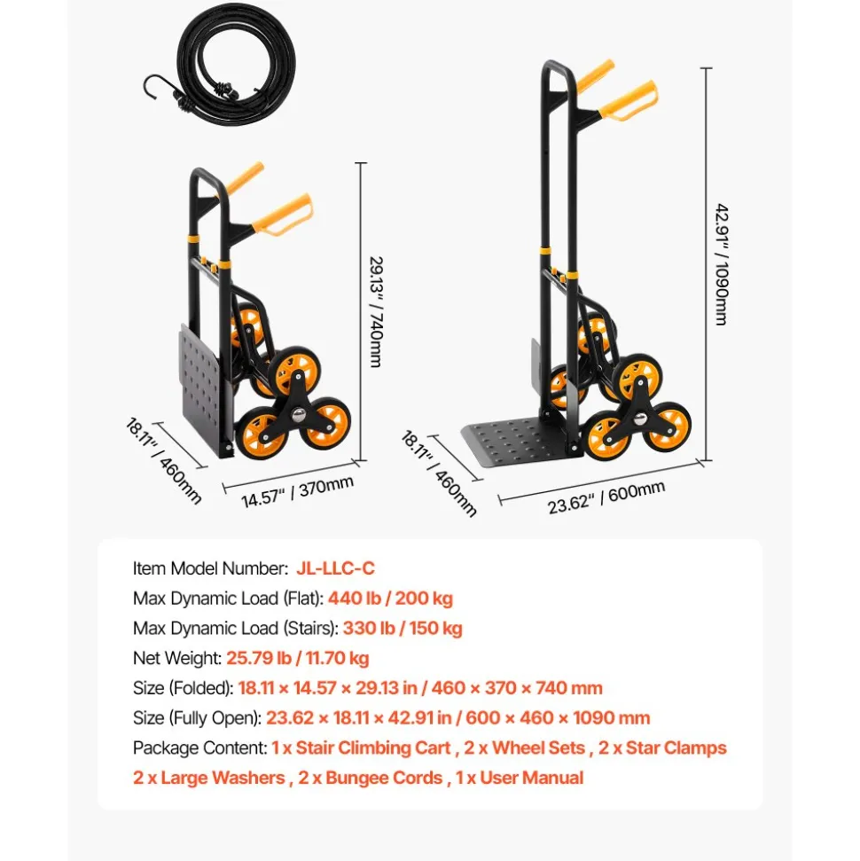 VEVOR Stair Climbing Cart, 330 lbs Stair-Climbing Capacity, Heavy-Duty Folding Trolley Cart with Telescoping Handle, 6 Wheels and 2 Bungee Cords, Stair Climber Dolly for Home, Groceries, Warehouse