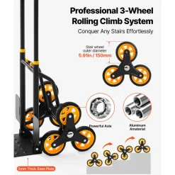 VEVOR Stair Climbing Cart, 330 lbs Stair-Climbing Capacity, Heavy-Duty Folding Trolley Cart with Telescoping Handle, 6 Wheels and 2 Bungee Cords, Stair Climber Dolly for Home, Groceries, Warehouse