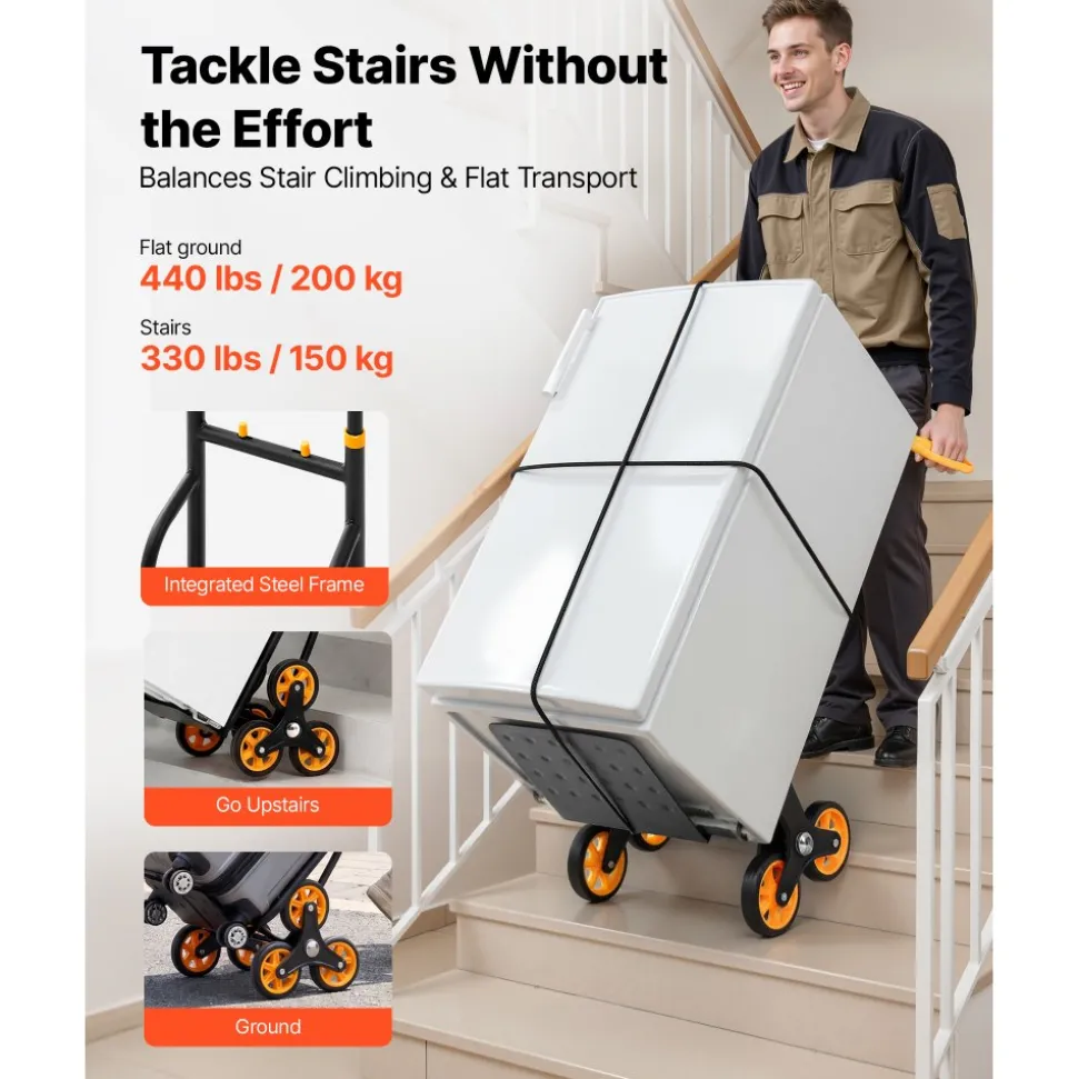 VEVOR Stair Climbing Cart, 330 lbs Stair-Climbing Capacity, Heavy-Duty Folding Trolley Cart with Telescoping Handle, 6 Wheels and 2 Bungee Cords, Stair Climber Dolly for Home, Groceries, Warehouse