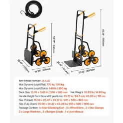 VEVOR Stair Climbing Cart, 440 lbs Stair-Climbing Capacity, Heavy-Duty Folding Trolley Cart with Telescoping Handle, 6 Wheels and 2 Bungee Cords, Stair Climber Dolly for Home, Groceries, Warehouse