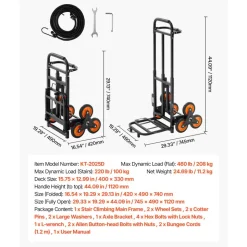 VEVOR Stair Climbing Cart, 220 lbs Stair-Climbing Capacity, Heavy-Duty Folding Trolley Cart with Telescoping Handle, 6 Wheels and 2 Bungee Cords, Stair Climber Dolly for Home, Groceries, Warehouse