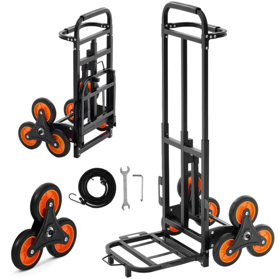 VEVOR Stair Climbing Cart, 220 lbs Stair-Climbing Capacity, Heavy-Duty Folding Trolley Cart with Telescoping Handle, 6 Wheels and 2 Bungee Cords, Stair Climber Dolly for Home, Groceries, Warehouse