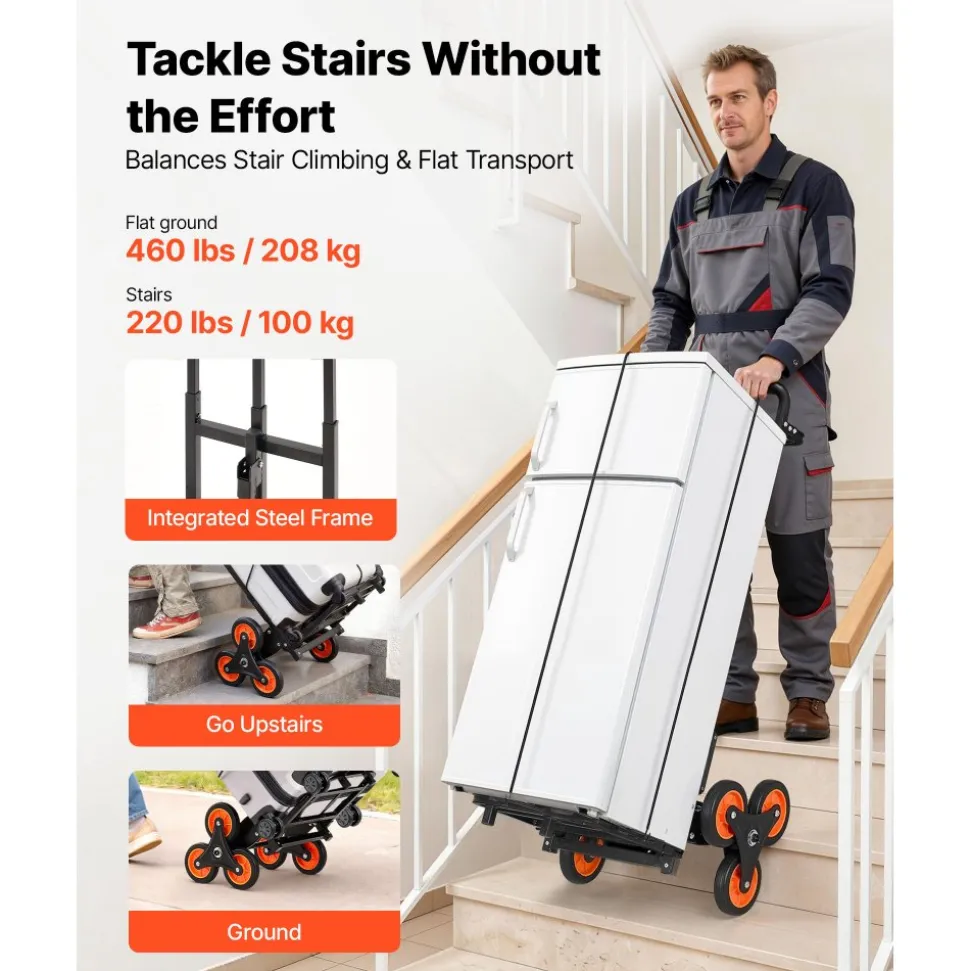 VEVOR Stair Climbing Cart, 220 lbs Stair-Climbing Capacity, Heavy-Duty Folding Trolley Cart with Telescoping Handle, 6 Wheels and 2 Bungee Cords, Stair Climber Dolly for Home, Groceries, Warehouse