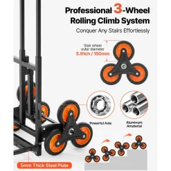 VEVOR Stair Climbing Cart, 220 lbs Stair-Climbing Capacity, Heavy-Duty Folding Trolley Cart with Telescoping Handle, 6 Wheels and 2 Bungee Cords, Stair Climber Dolly for Home, Groceries, Warehouse