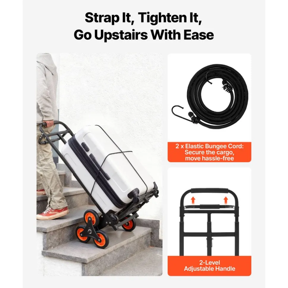 VEVOR Stair Climbing Cart, 220 lbs Stair-Climbing Capacity, Heavy-Duty Folding Trolley Cart with Telescoping Handle, 6 Wheels and 2 Bungee Cords, Stair Climber Dolly for Home, Groceries, Warehouse