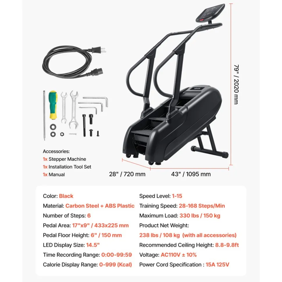 VEVOR Stair Stepper Machine, LED Screen Continuous Climbing Machines, Max Load 330 Lbs Stepping Climber for Home, 15 Speed Levels 28-168 Steps/Minute Stepmill Exercise for Cardio Lower Body