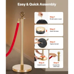 VEVOR Stanchion Post, 8 Pcs Crowd Control Barrier Set with Red Carpet, 6 Red Velvet Ropes, Stainless Steel Gold Stanchion Post Queue with Hollow Base for Theater, Party, Wedding, Exhibition (Gold)