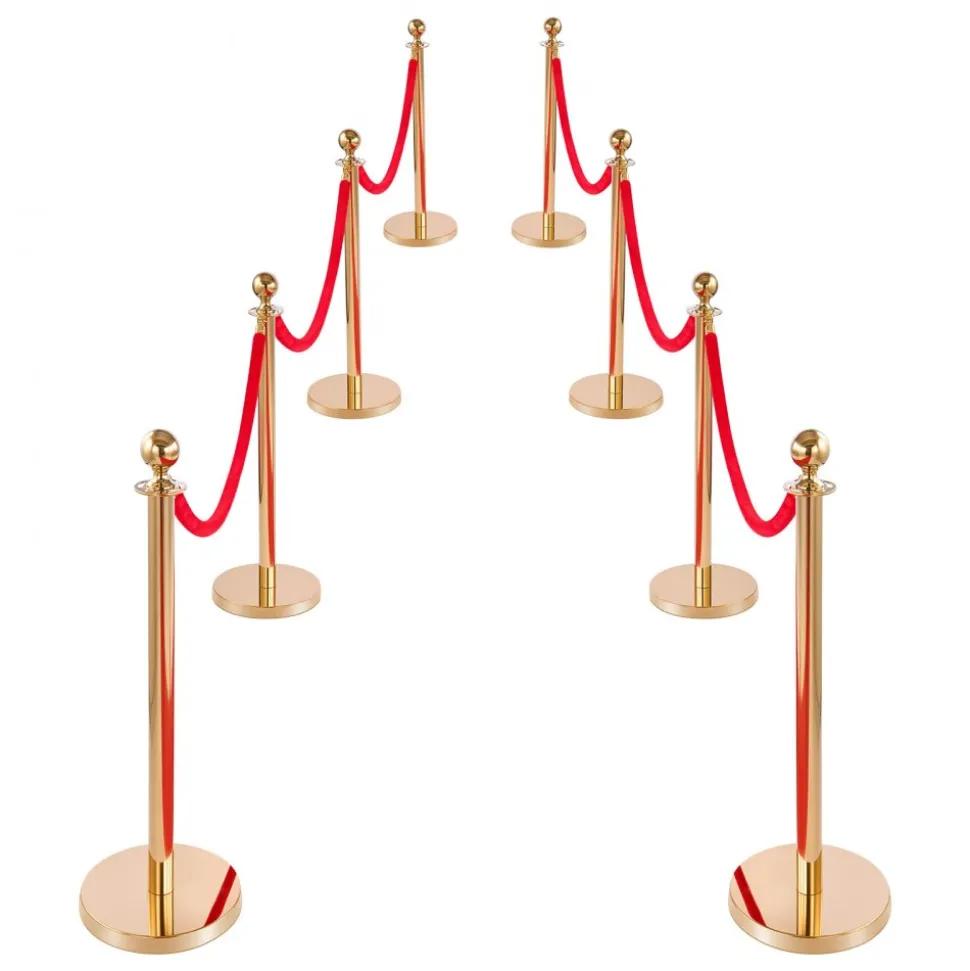 VEVOR Stanchion Post, 8 Pcs Crowd Control Barrier Set with Red Carpet, 6 Red Velvet Ropes, Stainless Steel Gold Stanchion Post Queue with Hollow Base for Theater, Party, Wedding, Exhibition (Gold)