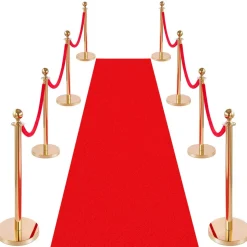 VEVOR Stanchion Post, 8 Pcs Crowd Control Barrier Set with Red Carpet, 6 Red Velvet Ropes, Stainless Steel Gold Stanchion Post Queue with Hollow Base for Theater, Party, Wedding, Exhibition (Gold)