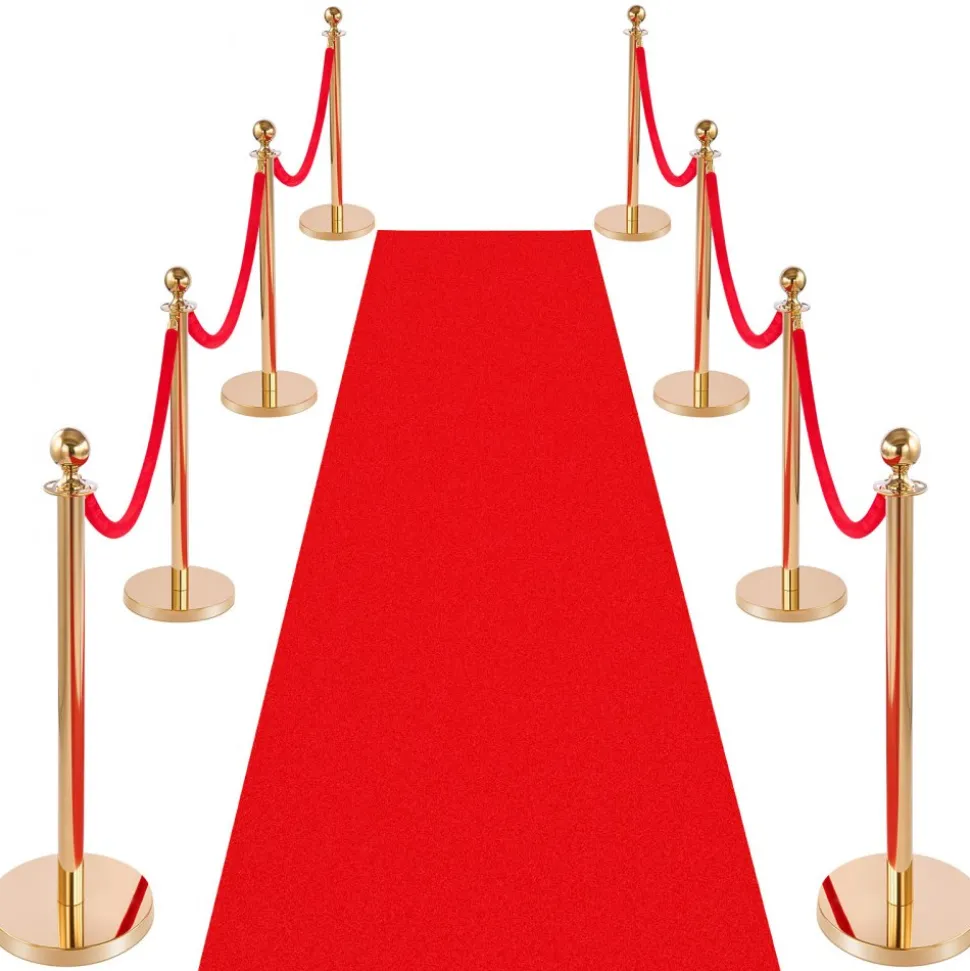 VEVOR Stanchion Post, 8 Pcs Crowd Control Barrier Set with Red Carpet, 6 Red Velvet Ropes, Stainless Steel Gold Stanchion Post Queue with Hollow Base for Theater, Party, Wedding, Exhibition (Gold)