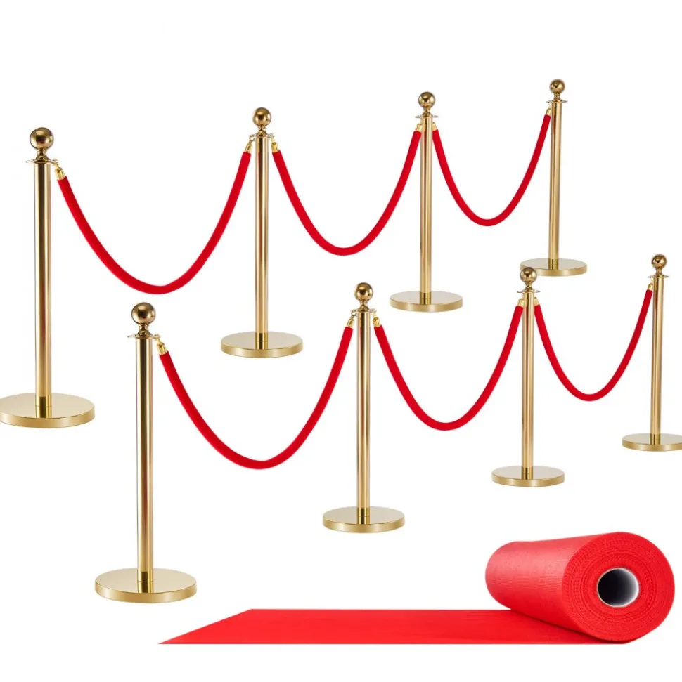 VEVOR Stanchion Post, 8 Pcs Crowd Control Barrier Set with Red Carpet, 6 Red Velvet Ropes, Stainless Steel Gold Stanchion Post Queue with Hollow Base for Theater, Party, Wedding, Exhibition (Gold)