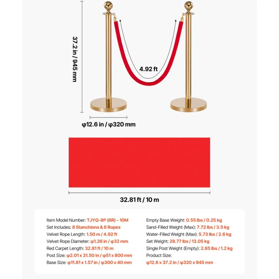 VEVOR Stanchion Post, 8 Pcs Crowd Control Barrier Set with Red Carpet, 6 Red Velvet Ropes, Stainless Steel Gold Stanchion Post Queue with Hollow Base for Theater, Party, Wedding, Exhibition (Gold)