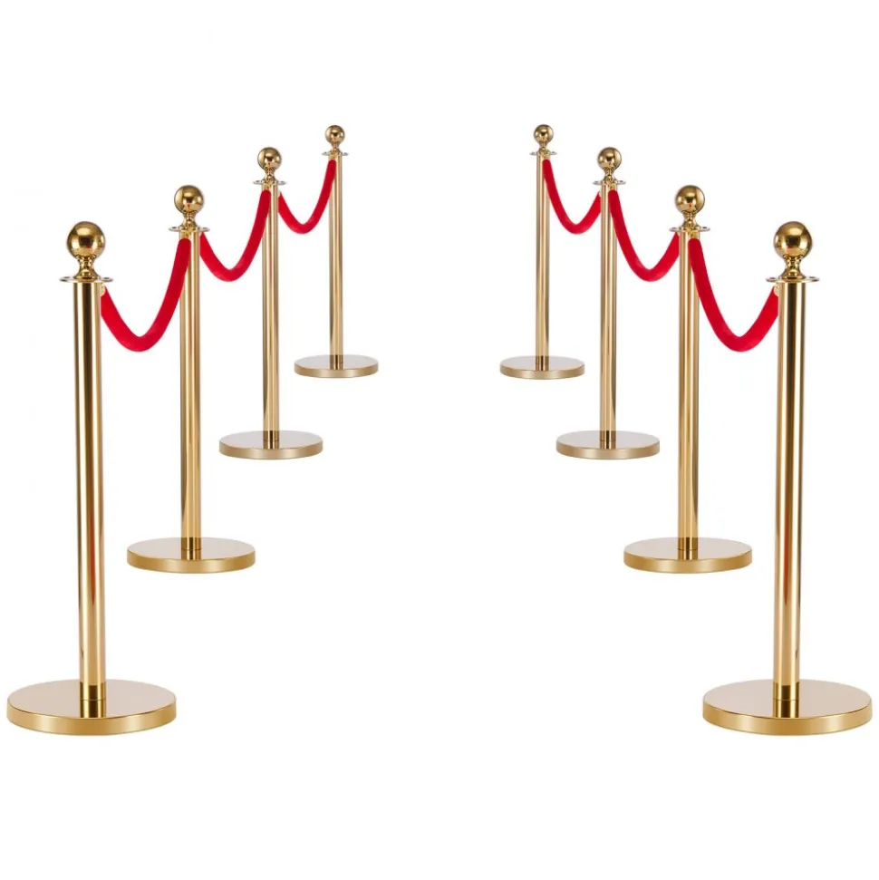 VEVOR Stanchion Post, 8 Pcs Crowd Control Barrier Set with Red Carpet, 6 Red Velvet Ropes, Stainless Steel Gold Stanchion Post Queue with Hollow Base for Theater, Party, Wedding, Exhibition (Gold)