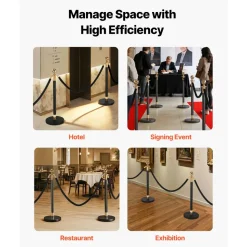 VEVOR Stanchion Post, 8 Pcs Crowd Control Barrier Set with 6 Black Velvet Ropes, Heavy Duty Stainless Steel Stanchion Post Queue with Hollow Base for Theater, Party, Wedding, Exhibition, Event (Black)