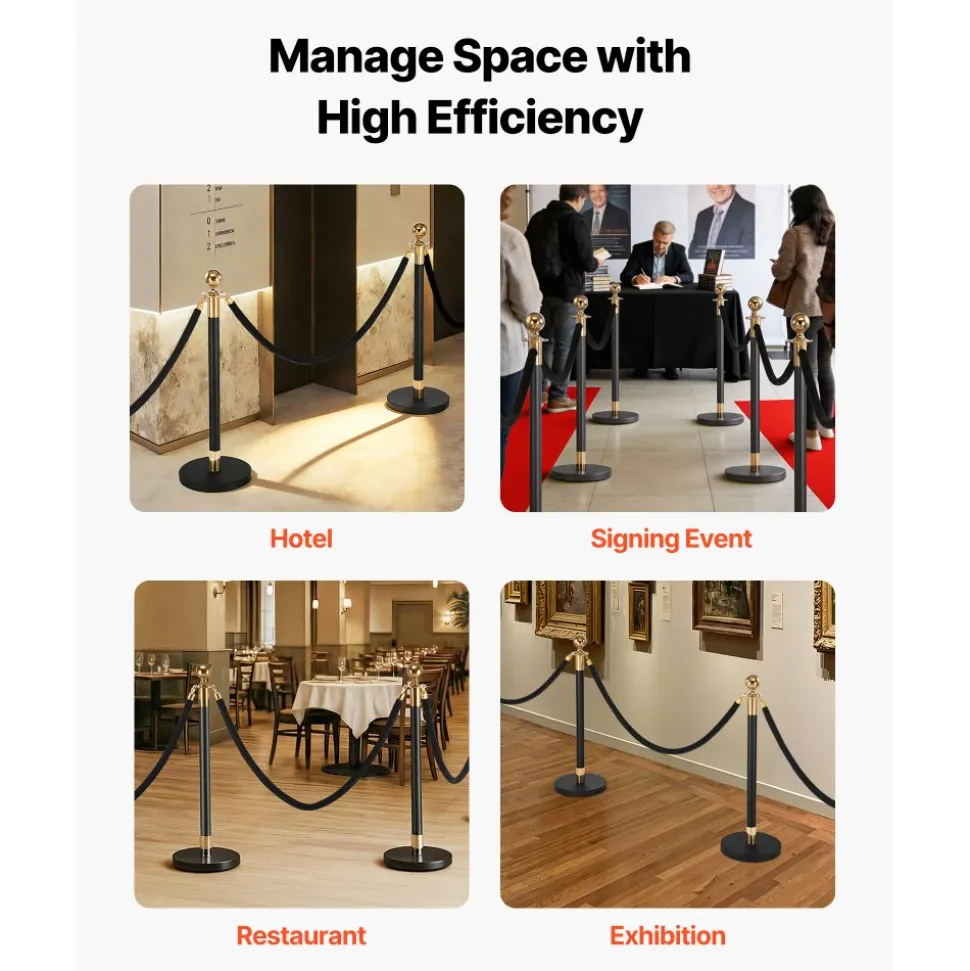 VEVOR Stanchion Post, 8 Pcs Crowd Control Barrier Set with 6 Black Velvet Ropes, Heavy Duty Stainless Steel Stanchion Post Queue with Hollow Base for Theater, Party, Wedding, Exhibition, Event (Black)