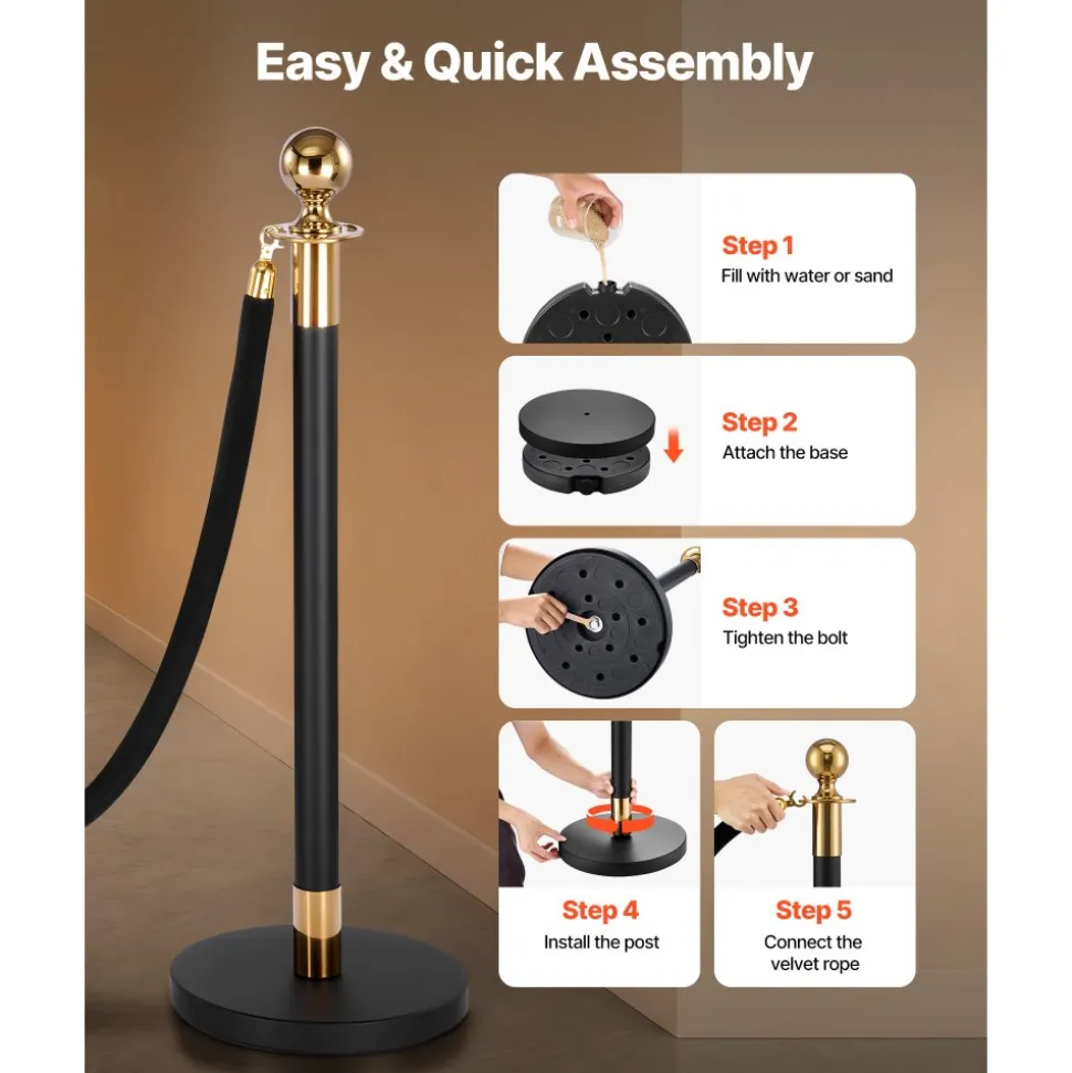VEVOR Stanchion Post, 8 Pcs Crowd Control Barrier Set with 6 Black Velvet Ropes, Heavy Duty Stainless Steel Stanchion Post Queue with Hollow Base for Theater, Party, Wedding, Exhibition, Event (Black)