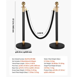 VEVOR Stanchion Post, 8 Pcs Crowd Control Barrier Set with 6 Black Velvet Ropes, Heavy Duty Stainless Steel Stanchion Post Queue with Hollow Base for Theater, Party, Wedding, Exhibition, Event (Black)