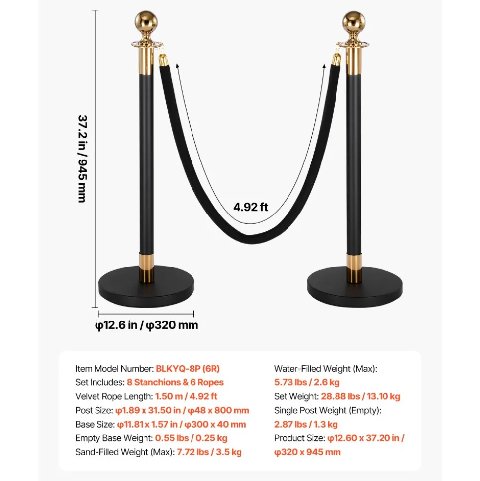VEVOR Stanchion Post, 8 Pcs Crowd Control Barrier Set with 6 Black Velvet Ropes, Heavy Duty Stainless Steel Stanchion Post Queue with Hollow Base for Theater, Party, Wedding, Exhibition, Event (Black)