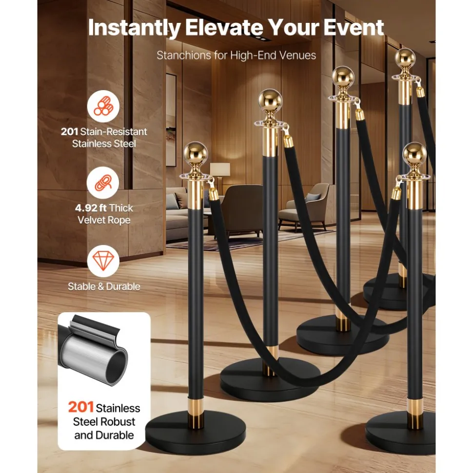 VEVOR Stanchion Post, 8 Pcs Crowd Control Barrier Set with 6 Black Velvet Ropes, Heavy Duty Stainless Steel Stanchion Post Queue with Hollow Base for Theater, Party, Wedding, Exhibition, Event (Black)