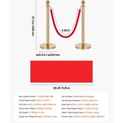 VEVOR Stanchion Post, 6 Pcs Crowd Control Barrier Set with Red Carpet, 4 Red Velvet Ropes, Stainless Steel Gold Stanchion Post Queue with Hollow Base for Theater, Party, Wedding, Exhibition (Black)