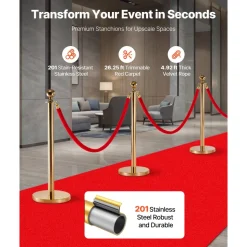 VEVOR Stanchion Post, 6 Pcs Crowd Control Barrier Set with Red Carpet, 4 Red Velvet Ropes, Stainless Steel Gold Stanchion Post Queue with Hollow Base for Theater, Party, Wedding, Exhibition (Black)