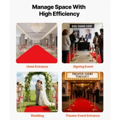VEVOR Stanchion Post, 6 Pcs Crowd Control Barrier Set with Red Carpet, 4 Red Velvet Ropes, Stainless Steel Gold Stanchion Post Queue with Hollow Base for Theater, Party, Wedding, Exhibition (Black)