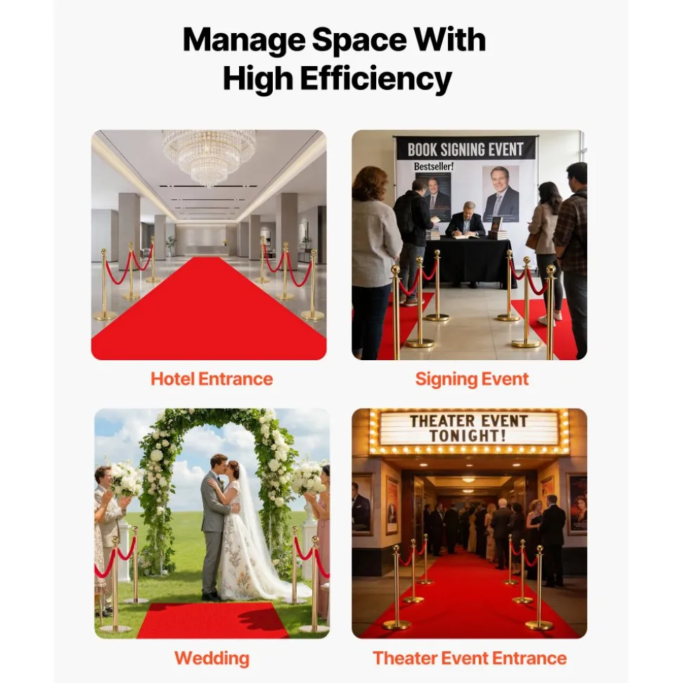VEVOR Stanchion Post, 6 Pcs Crowd Control Barrier Set with Red Carpet, 4 Red Velvet Ropes, Stainless Steel Gold Stanchion Post Queue with Hollow Base for Theater, Party, Wedding, Exhibition (Black)