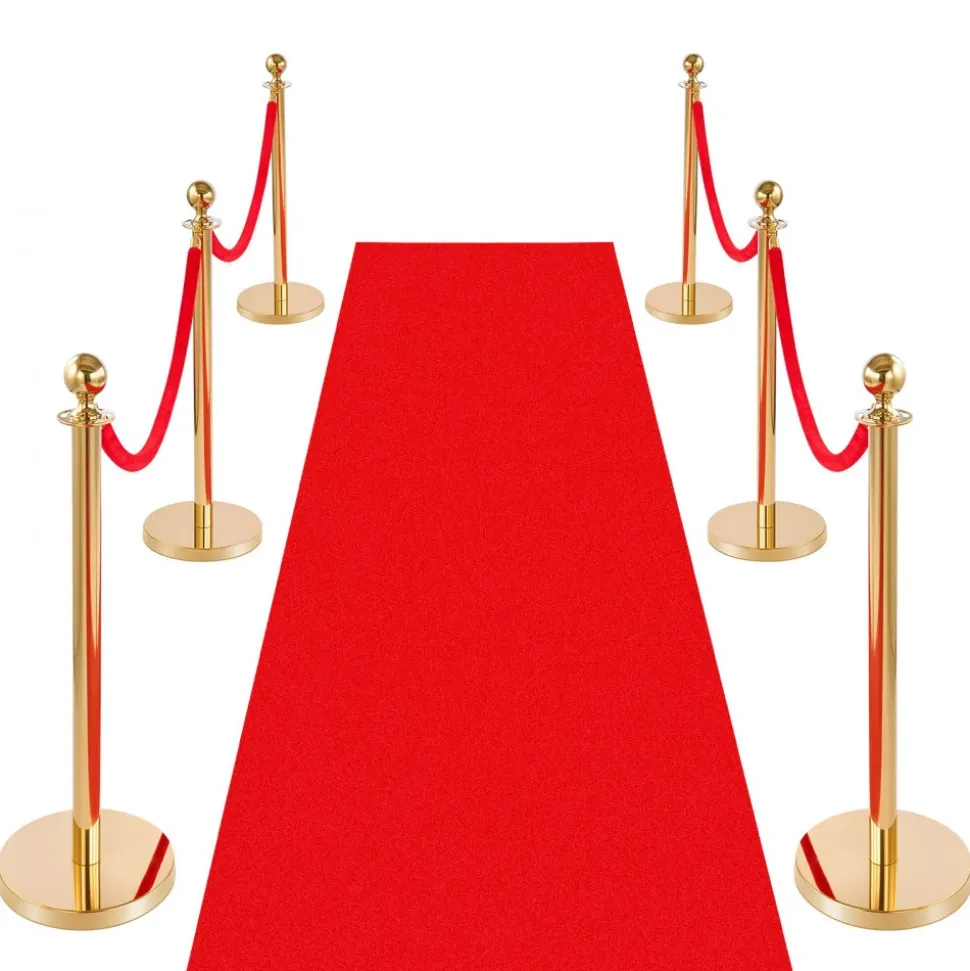 VEVOR Stanchion Post, 6 Pcs Crowd Control Barrier Set with Red Carpet, 4 Red Velvet Ropes, Stainless Steel Gold Stanchion Post Queue with Hollow Base for Theater, Party, Wedding, Exhibition (Black)