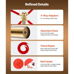 VEVOR Stanchion Post, 6 Pcs Crowd Control Barrier Set with Red Carpet, 4 Red Velvet Ropes, Stainless Steel Gold Stanchion Post Queue with Hollow Base for Theater, Party, Wedding, Exhibition (Black)