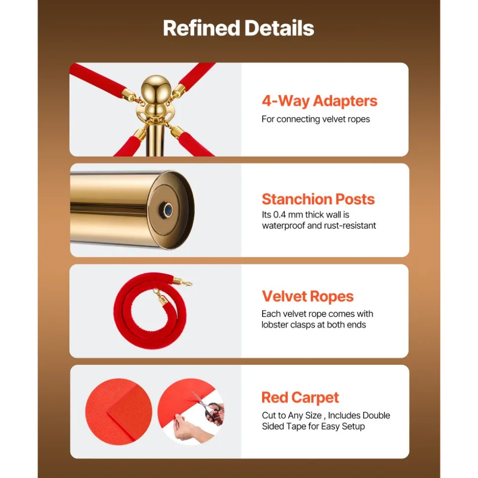 VEVOR Stanchion Post, 6 Pcs Crowd Control Barrier Set with Red Carpet, 4 Red Velvet Ropes, Stainless Steel Gold Stanchion Post Queue with Hollow Base for Theater, Party, Wedding, Exhibition (Black)