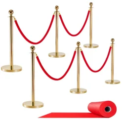 VEVOR Stanchion Post, 6 Pcs Crowd Control Barrier Set with Red Carpet, 4 Red Velvet Ropes, Stainless Steel Gold Stanchion Post Queue with Hollow Base for Theater, Party, Wedding, Exhibition (Black)