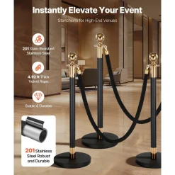 VEVOR Stanchion Post, 4 Pcs Crowd Control Barrier Set with 2 Black Velvet Ropes, Heavy Duty Stainless Steel Stanchion Post Queue with Hollow Base for Theater, Party, Wedding, Exhibition, Event (Black)