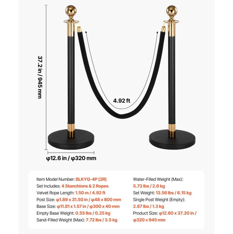 VEVOR Stanchion Post, 4 Pcs Crowd Control Barrier Set with 2 Black Velvet Ropes, Heavy Duty Stainless Steel Stanchion Post Queue with Hollow Base for Theater, Party, Wedding, Exhibition, Event (Black)