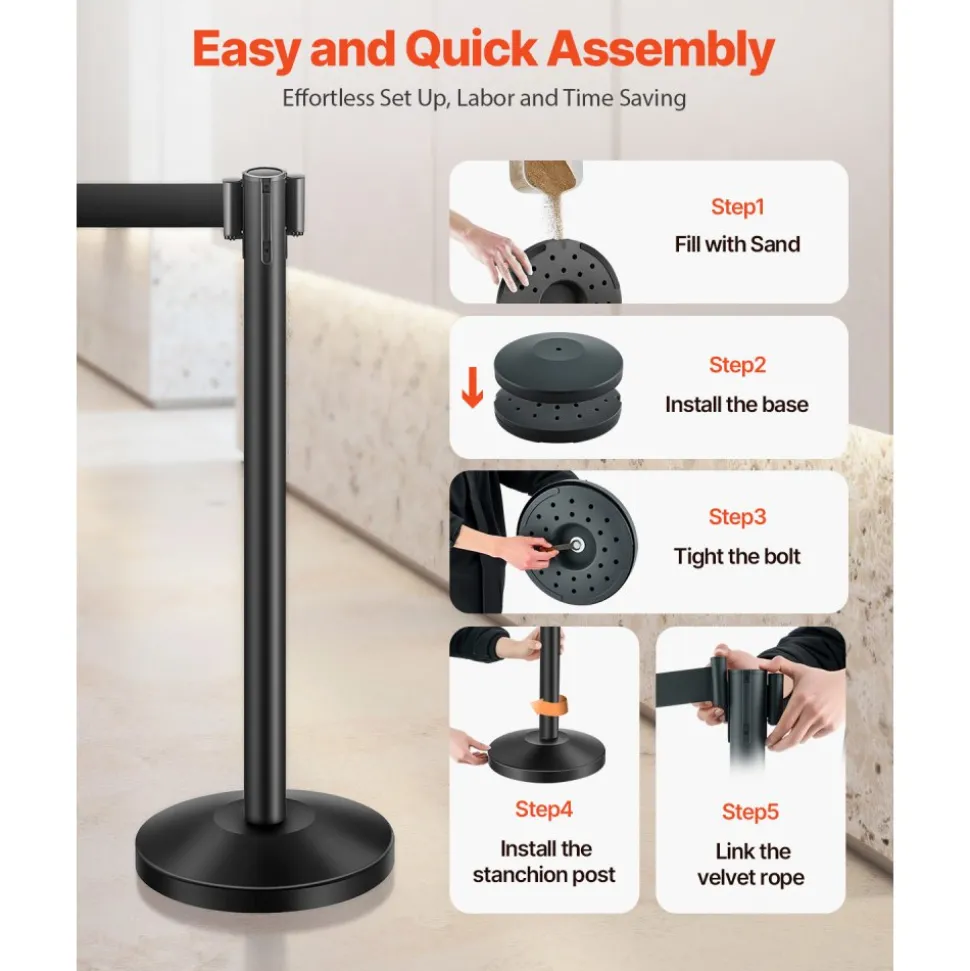 VEVOR Stanchion Post, 6 Pcs Stanchions with Retractable Belts, Carbon Steel Black Stanchions Queue with Sand Injection Hollow Base, Crowd Control Barriers for Theaters, Parties, Weddings, Exhibitions