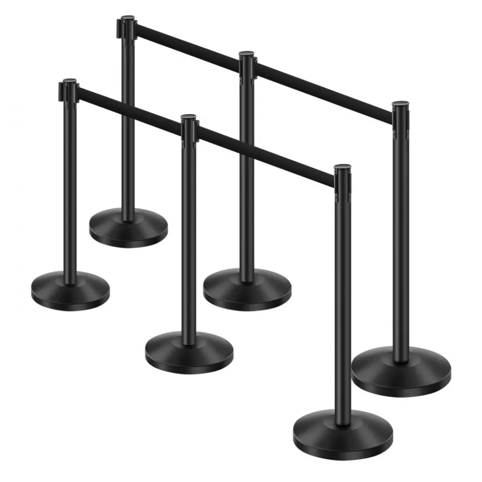 VEVOR Stanchion Post, 6 Pcs Stanchions with Retractable Belts, Carbon Steel Black Stanchions Queue with Sand Injection Hollow Base, Crowd Control Barriers for Theaters, Parties, Weddings, Exhibitions