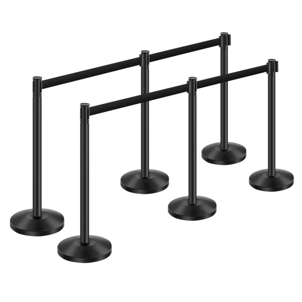VEVOR Stanchion Post, 6 Pcs Stanchions with Retractable Belts, Carbon Steel Black Stanchions Queue with Sand Injection Hollow Base, Crowd Control Barriers for Theaters, Parties, Weddings, Exhibitions
