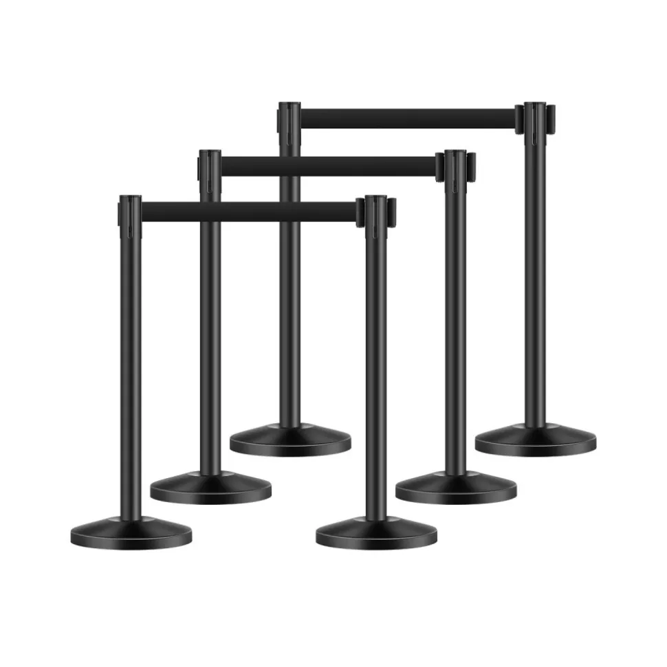 VEVOR Stanchion Post, 6 Pcs Stanchions with Retractable Belts, Carbon Steel Black Stanchions Queue with Sand Injection Hollow Base, Crowd Control Barriers for Theaters, Parties, Weddings, Exhibitions