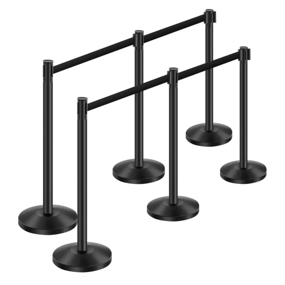 VEVOR Stanchion Post, 6 Pcs Stanchions with Retractable Belts, Carbon Steel Black Stanchions Queue with Sand Injection Hollow Base, Crowd Control Barriers for Theaters, Parties, Weddings, Exhibitions