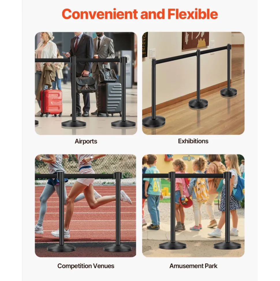 VEVOR Stanchion Post, 6 Pcs Stanchions with Retractable Belts, Carbon Steel Black Stanchions Queue with Sand Injection Hollow Base, Crowd Control Barriers for Theaters, Parties, Weddings, Exhibitions