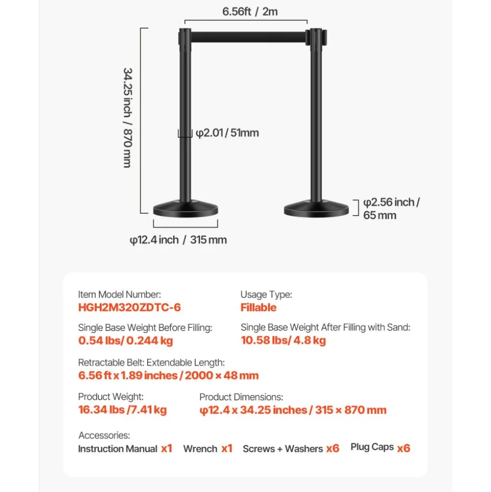 VEVOR Stanchion Post, 6 Pcs Stanchions with Retractable Belts, Carbon Steel Black Stanchions Queue with Sand Injection Hollow Base, Crowd Control Barriers for Theaters, Parties, Weddings, Exhibitions