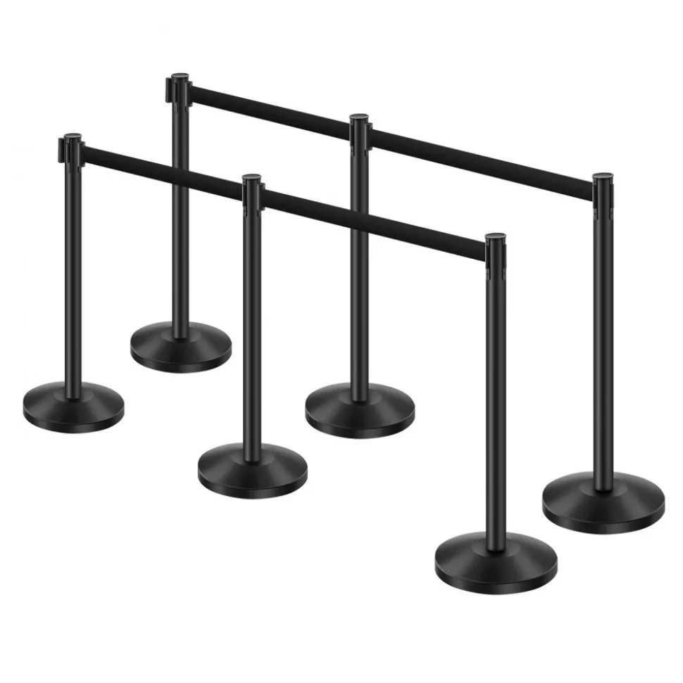 VEVOR Stanchion Post, 6 Pcs Stanchions with Retractable Belts, Carbon Steel Black Stanchions Queue with Sand Injection Hollow Base, Crowd Control Barriers for Theaters, Parties, Weddings, Exhibitions