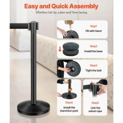 VEVOR Stanchion Post, 8 Pcs Stanchions with Retractable Belts, Carbon Steel Black Stanchions Queue with Sand Injection Hollow Base, Crowd Control Barriers for Theaters, Parties, Weddings, Exhibitions