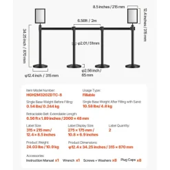 VEVOR Stanchion Post, 8 Pcs Stanchions with Retractable Belts, Carbon Steel Black Stanchions Queue with Sand Injection Hollow Base, Crowd Control Barriers for Theaters, Parties, Weddings, Exhibitions