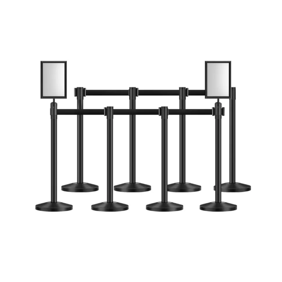 VEVOR Stanchion Post, 8 Pcs Stanchions with Retractable Belts, Carbon Steel Black Stanchions Queue with Sand Injection Hollow Base, Crowd Control Barriers for Theaters, Parties, Weddings, Exhibitions