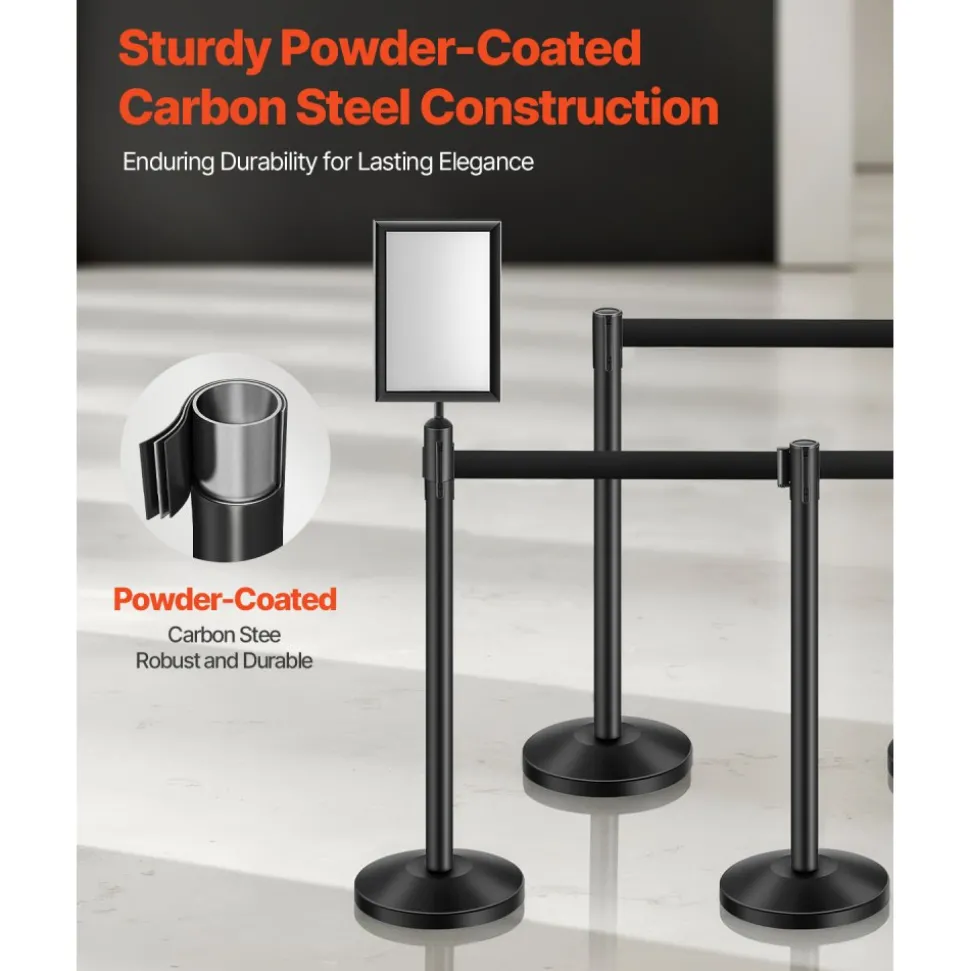VEVOR Stanchion Post, 8 Pcs Stanchions with Retractable Belts, Carbon Steel Black Stanchions Queue with Sand Injection Hollow Base, Crowd Control Barriers for Theaters, Parties, Weddings, Exhibitions