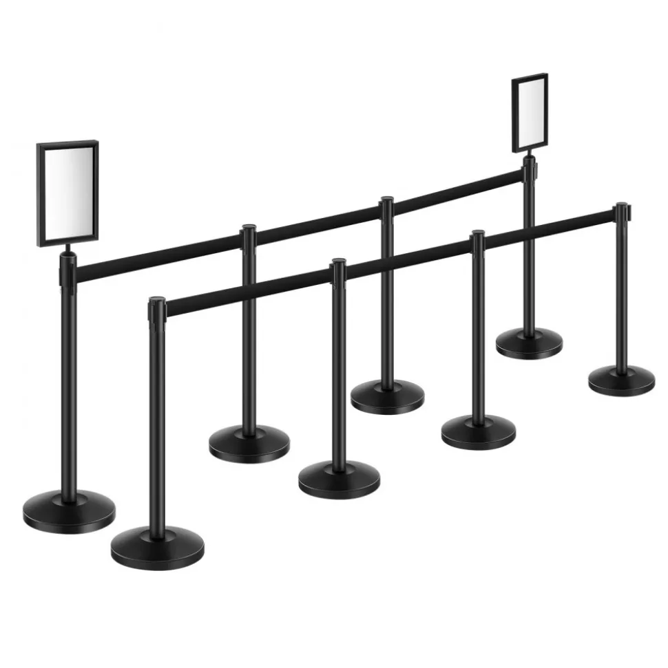 VEVOR Stanchion Post, 8 Pcs Stanchions with Retractable Belts, Carbon Steel Black Stanchions Queue with Sand Injection Hollow Base, Crowd Control Barriers for Theaters, Parties, Weddings, Exhibitions