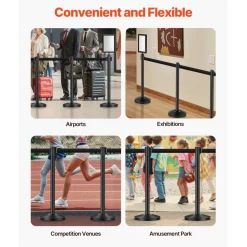 VEVOR Stanchion Post, 8 Pcs Stanchions with Retractable Belts, Carbon Steel Black Stanchions Queue with Sand Injection Hollow Base, Crowd Control Barriers for Theaters, Parties, Weddings, Exhibitions