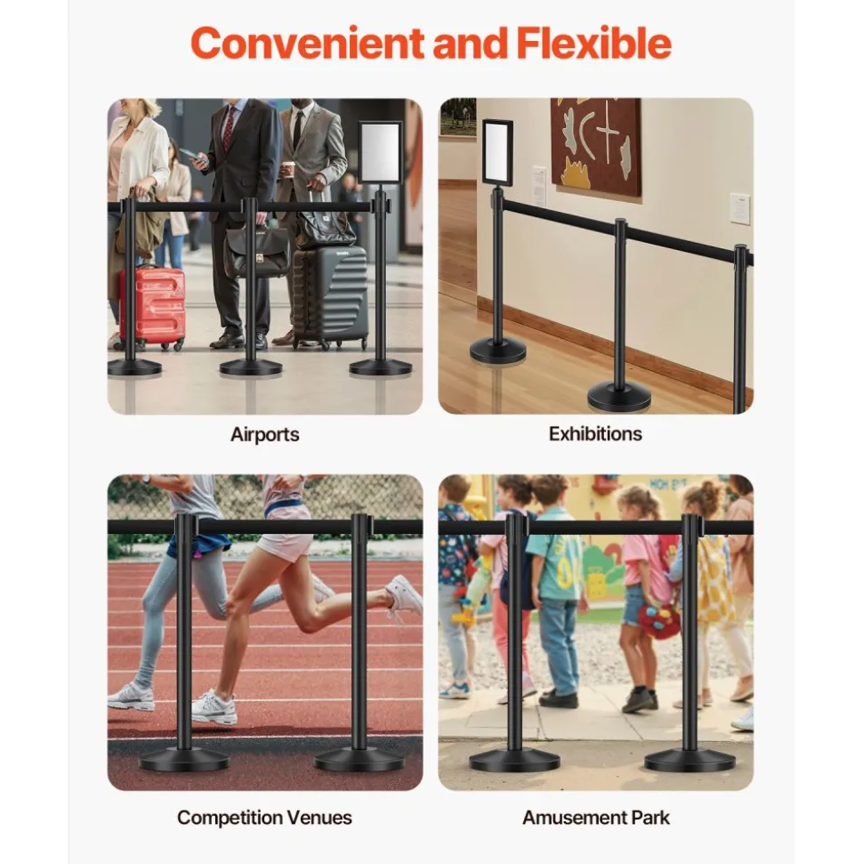 VEVOR Stanchion Post, 8 Pcs Stanchions with Retractable Belts, Carbon Steel Black Stanchions Queue with Sand Injection Hollow Base, Crowd Control Barriers for Theaters, Parties, Weddings, Exhibitions