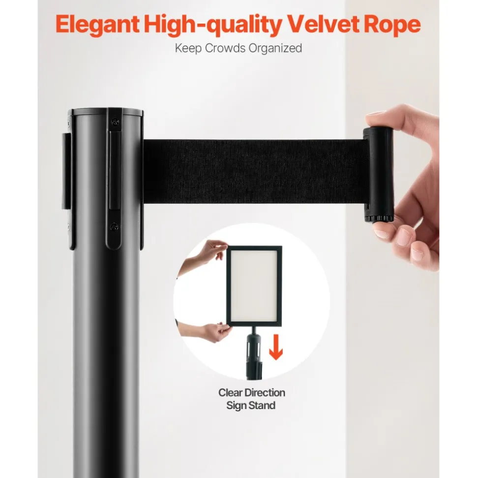 VEVOR Stanchion Post, 8 Pcs Stanchions with Retractable Belts, Carbon Steel Black Stanchions Queue with Sand Injection Hollow Base, Crowd Control Barriers for Theaters, Parties, Weddings, Exhibitions